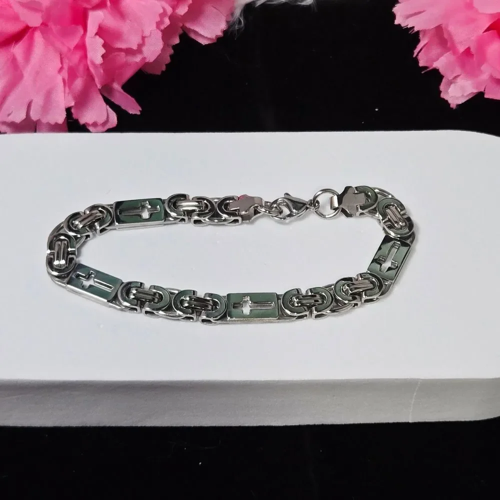 Silver Cross Byzantine Chain Bracelet | 8mm Stainless Steel | Men’s Jewelry